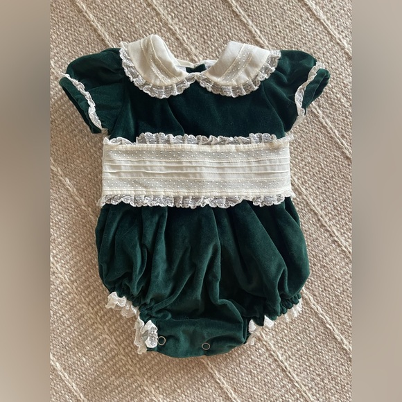 Sal & Pimenta Other - Like New Sal & Pimenta Green Velvet Baby Romper with Lace Trim Sz 6 Months